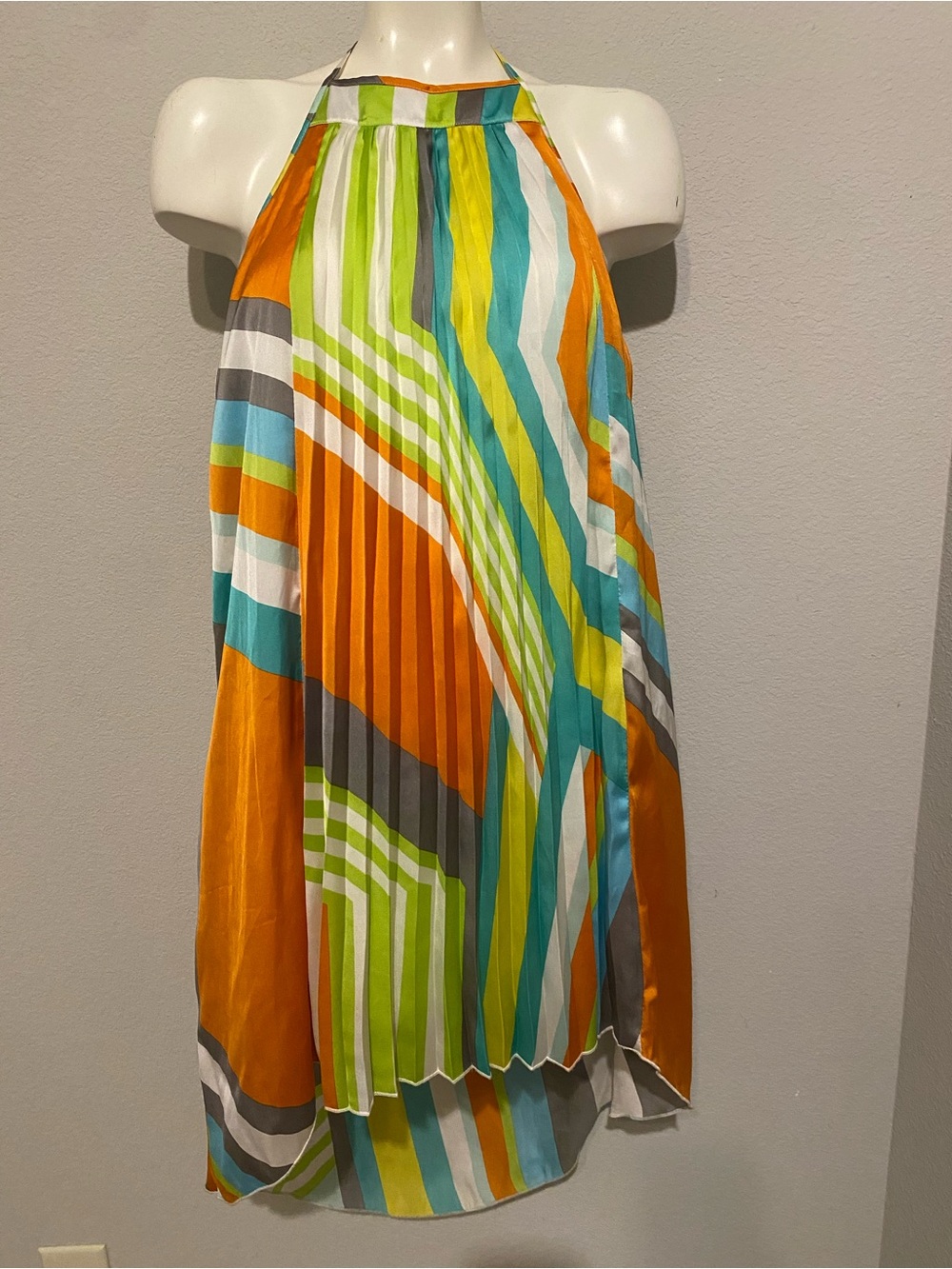 Pleated Multicolor Halter dress Orange, Teal & Lime hi low hem line lightweight